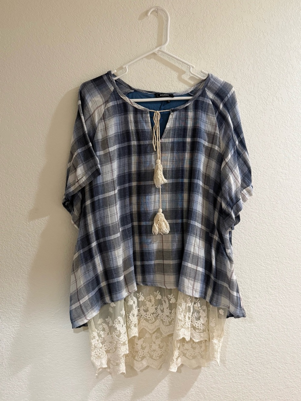 Soieblu Blue Plaid Tassel Tunic with Cream Lace Hem